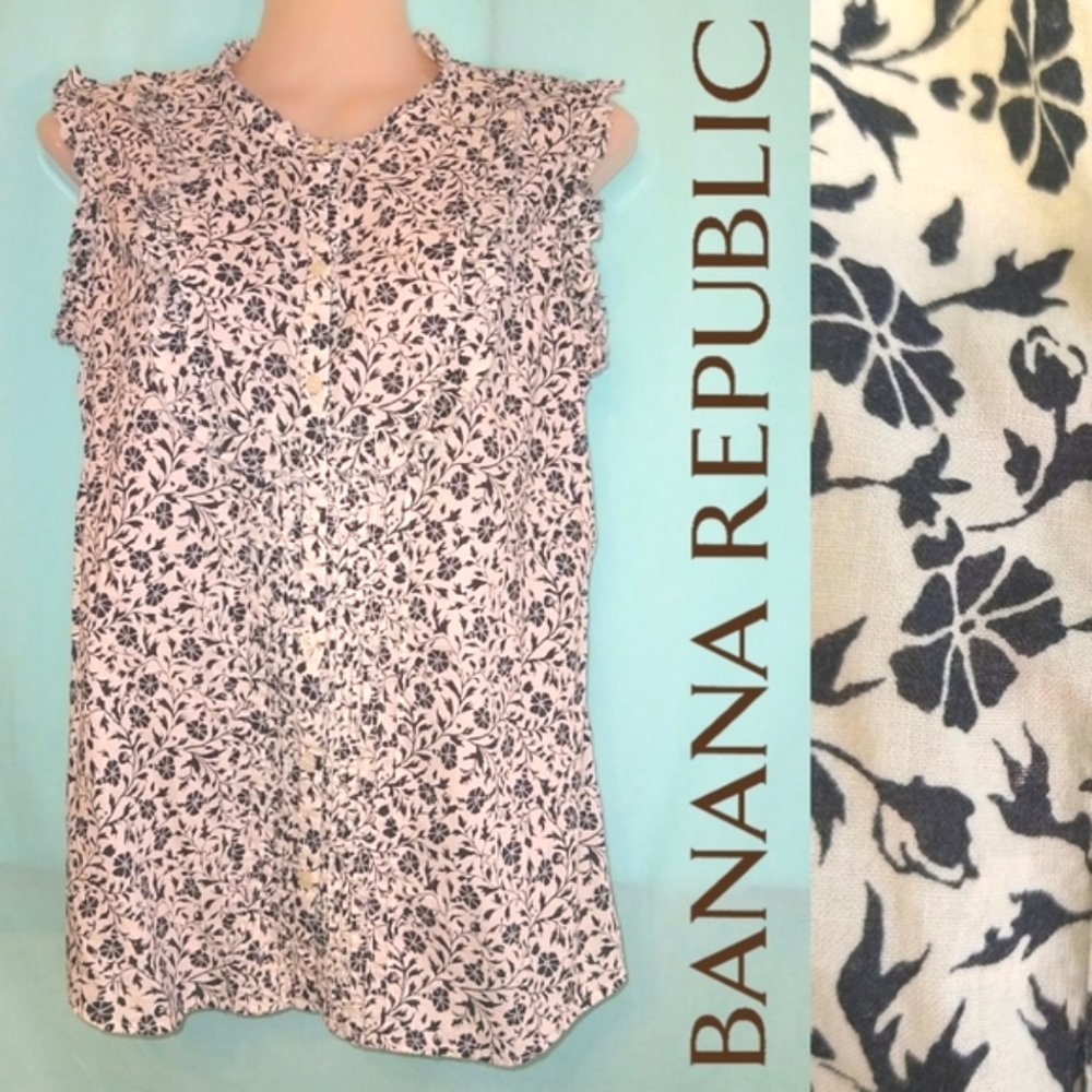 Banana Republic cotton floral sleeveless pleated blouse raw ruffle bib front